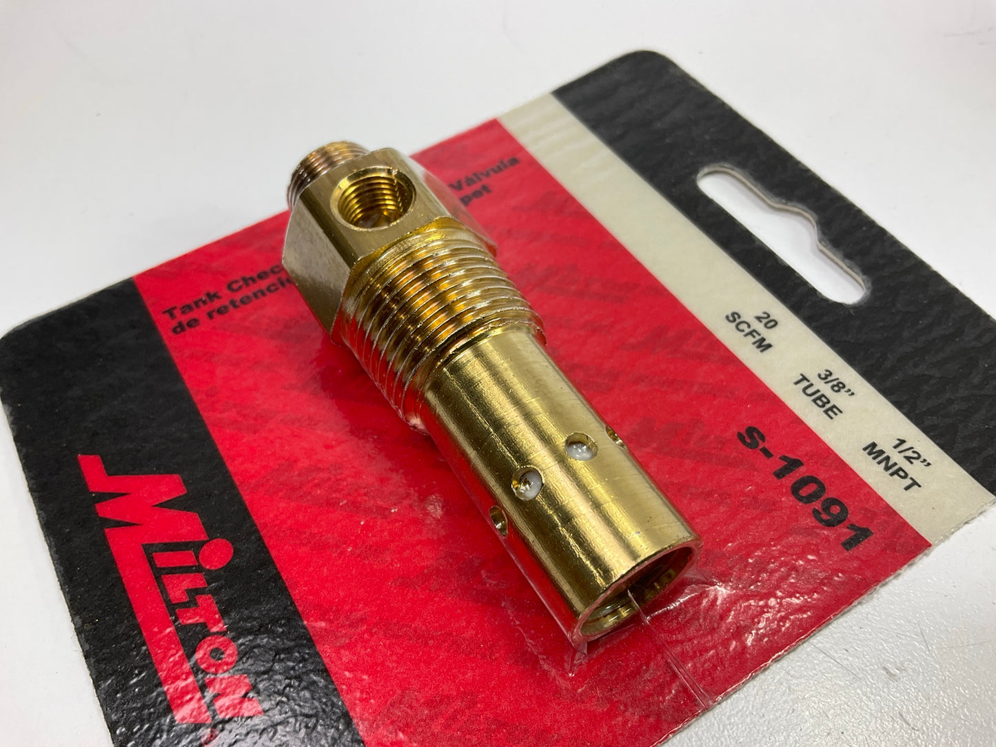 Milton S1091 Tank Check Valve, 1/2'' NPT, 1/2'' Tube, 20 SCFM, 3/8'' Male Comp