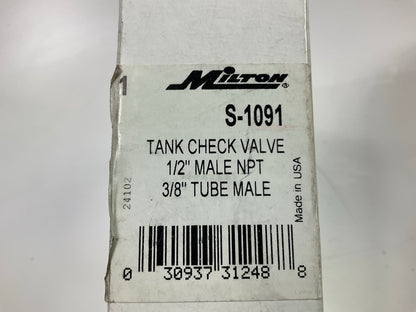 Milton S1091 Tank Check Valve, 1/2'' NPT, 1/2'' Tube, 20 SCFM, 3/8'' Male Comp