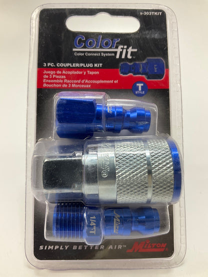 Milton COLOR FIT S-303TKIT 3 Piece T-Style Coupler & Plug Set, 1/4'' NPT, BLUE
