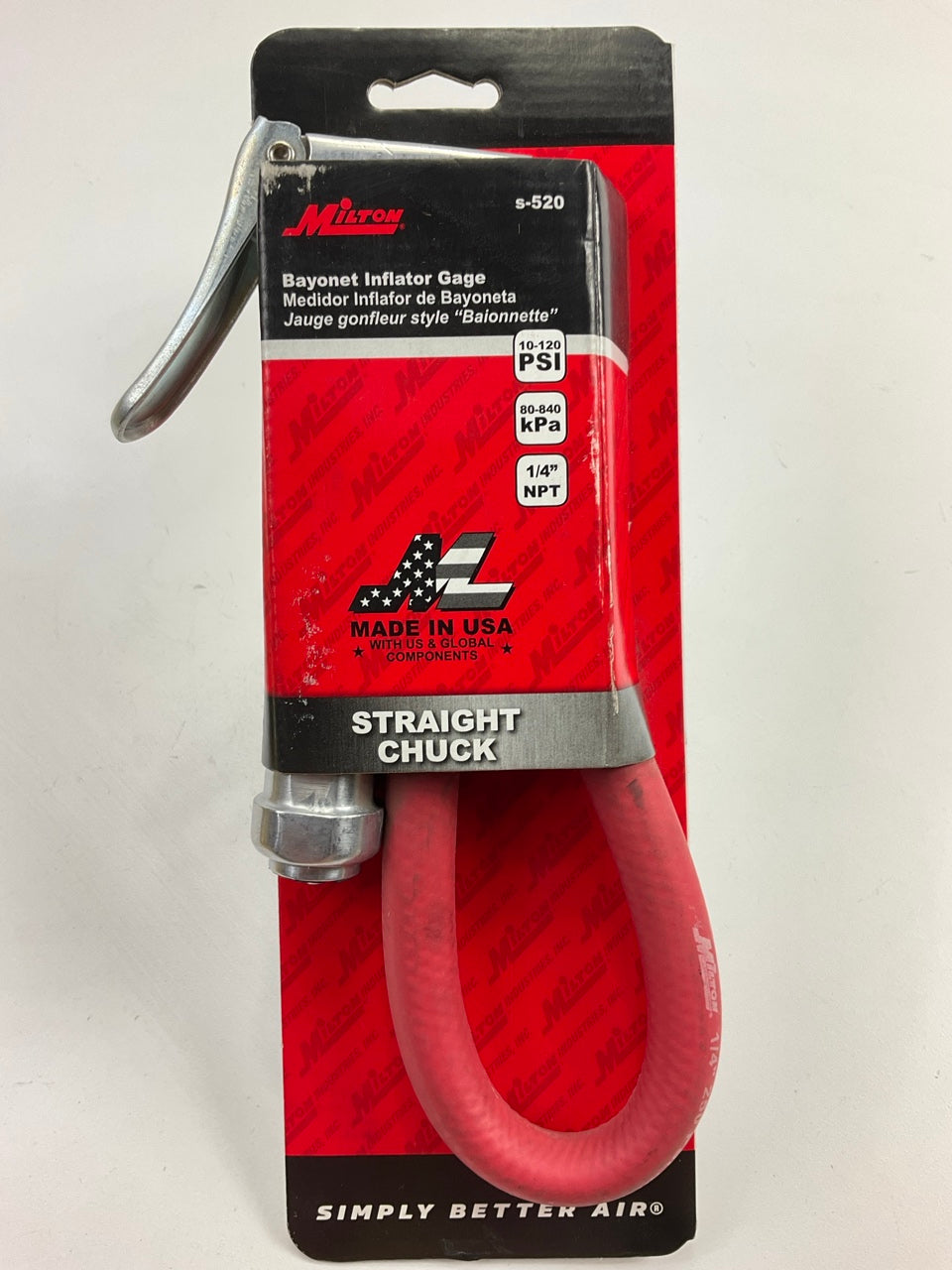 Milton S520 Bayonet Tire Inflator Gauge Straight Air Chuck Head, Made In USA