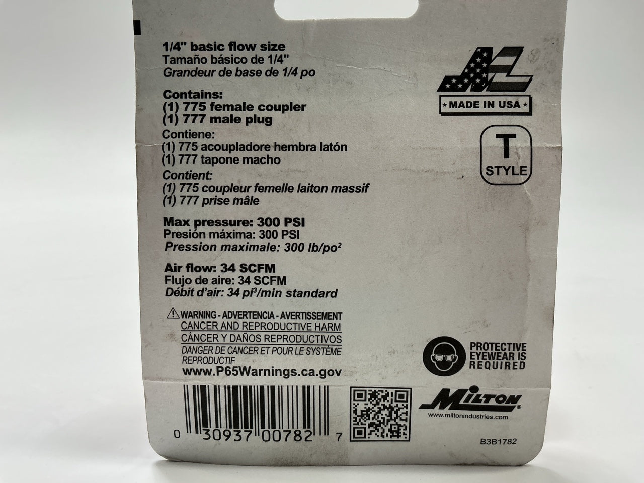 MILTON S782 1/4'' NPT T-Style Coupler Plug, Made In USA