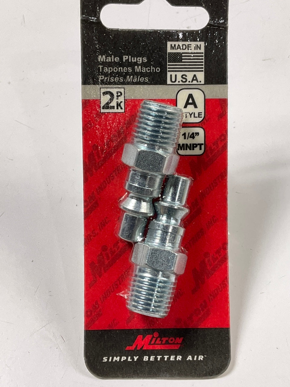 Milton S777 A Style Air Hose Fittings 1/4'' Male NPT Coupler Plugs, 2-Pack