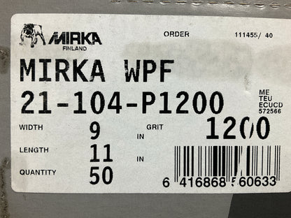 Mirka 21-104-P1200 9''x11'' 1200 Grit P1200 Waterproof Sandpaper Sheets, 45 / Box