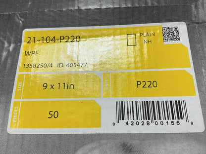 Mirka 21-104-P220 9'' X 11'' Waterproof Finishing Sandpaper Sheets P220 Grit (50)