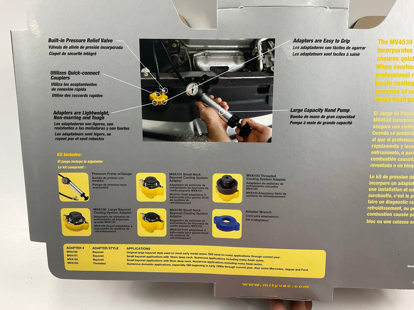 Mityvac MV4530 Automotive Cooling System Pressure Test Kit, Push-button Valve