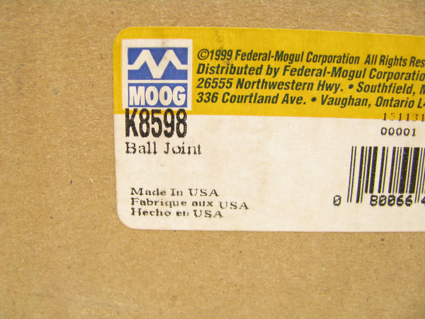 Moog K8598  FRONT Right Upper Suspension Control Arm And Ball Joint