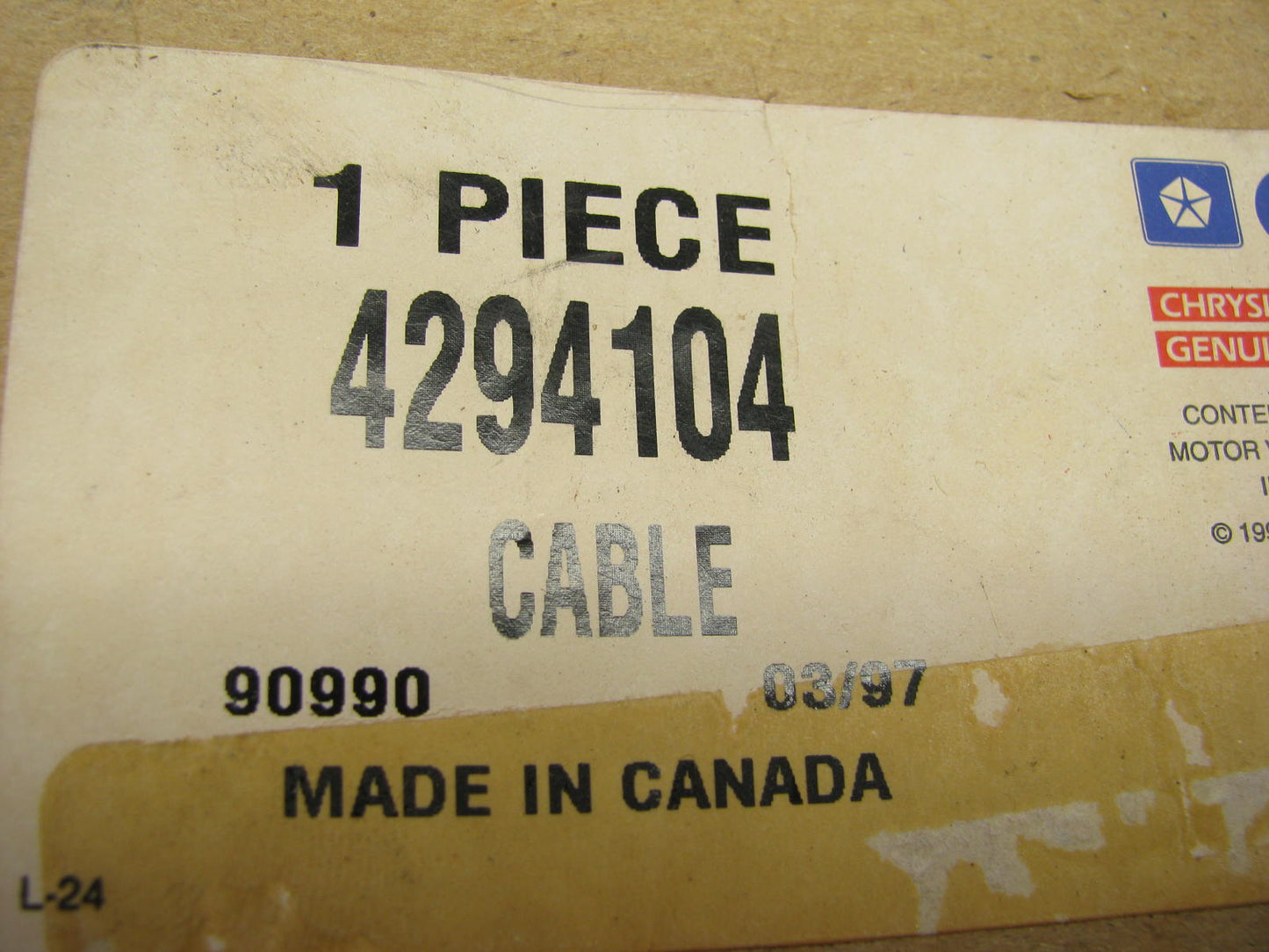 NEW - OEM 4294104 Front Parking Brake Cable For 1984-1988 Dodge B150, B250