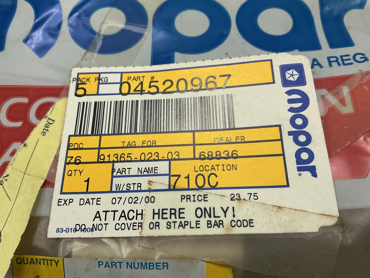 NOS Mopar 4520967 Front Right Door Weatherstrip Seal, On Body, For 90-94 LeBaron