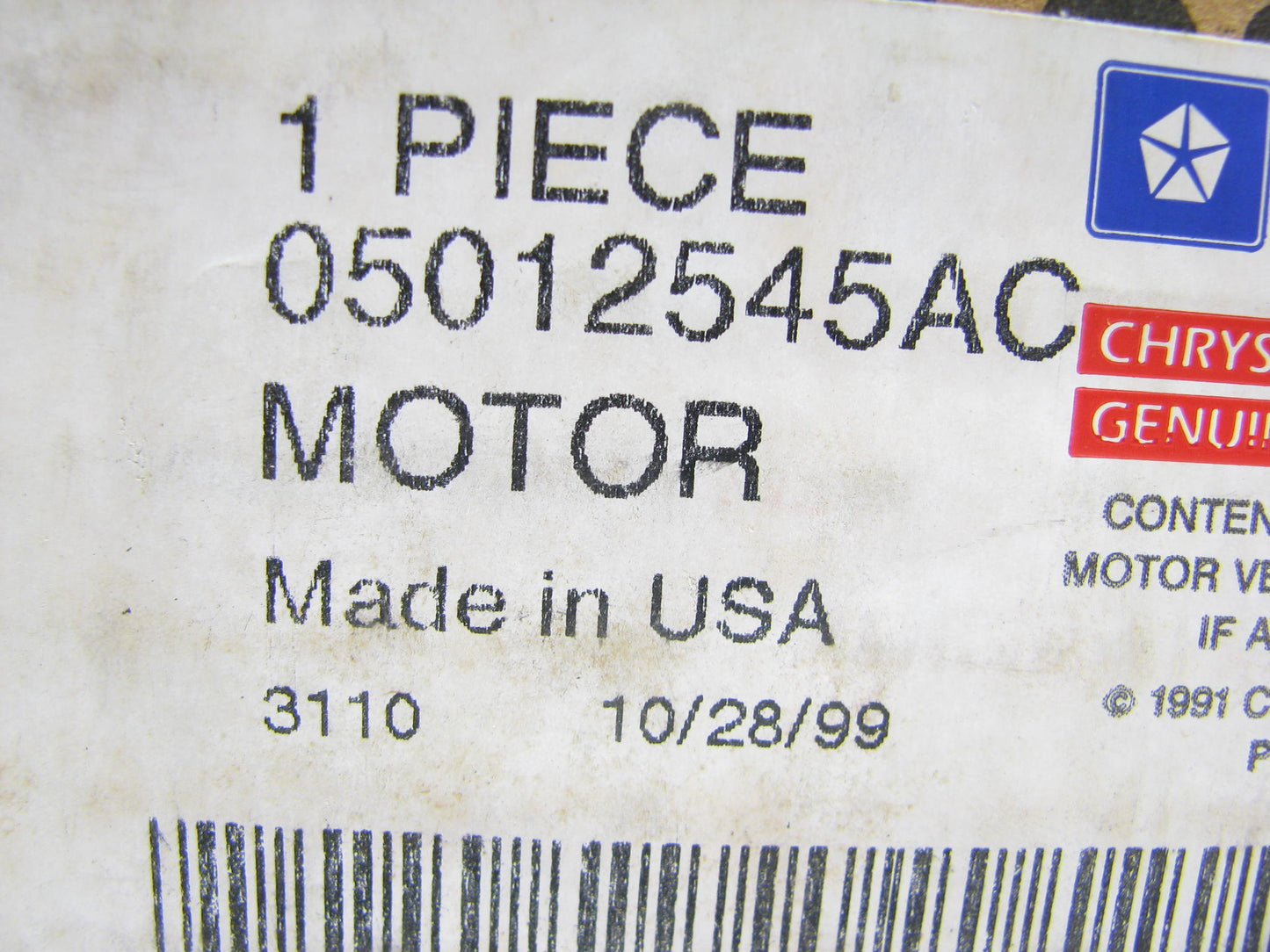 NEW - OEM MOPAR 5012545AC Front Left Power Window Motor