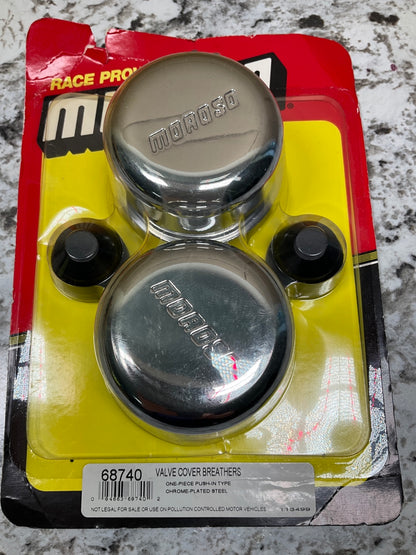 Moroso 68740 Valve Cover Breather Round Push-In Chrome Steel Pair Logo Grommets