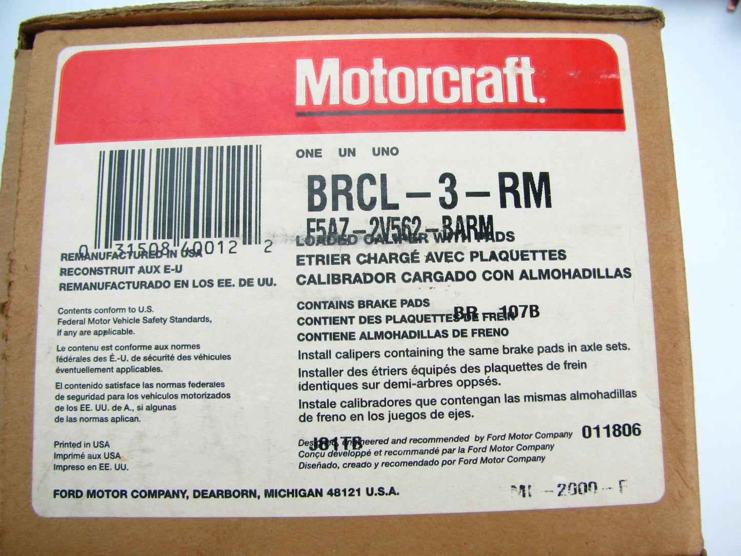 Remanufactured Motorcraft BRCL3RM REAR Disc Brake Caliper With Brake Pads