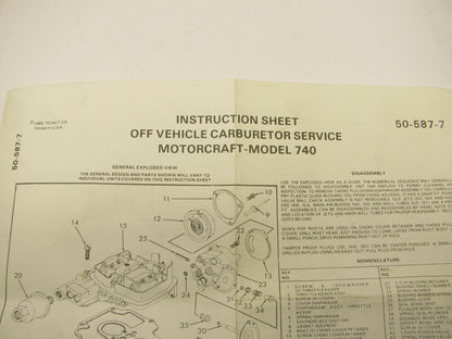 Motorcraft CT-1377A Carburetor Rebuild Repair Kit - Model 740