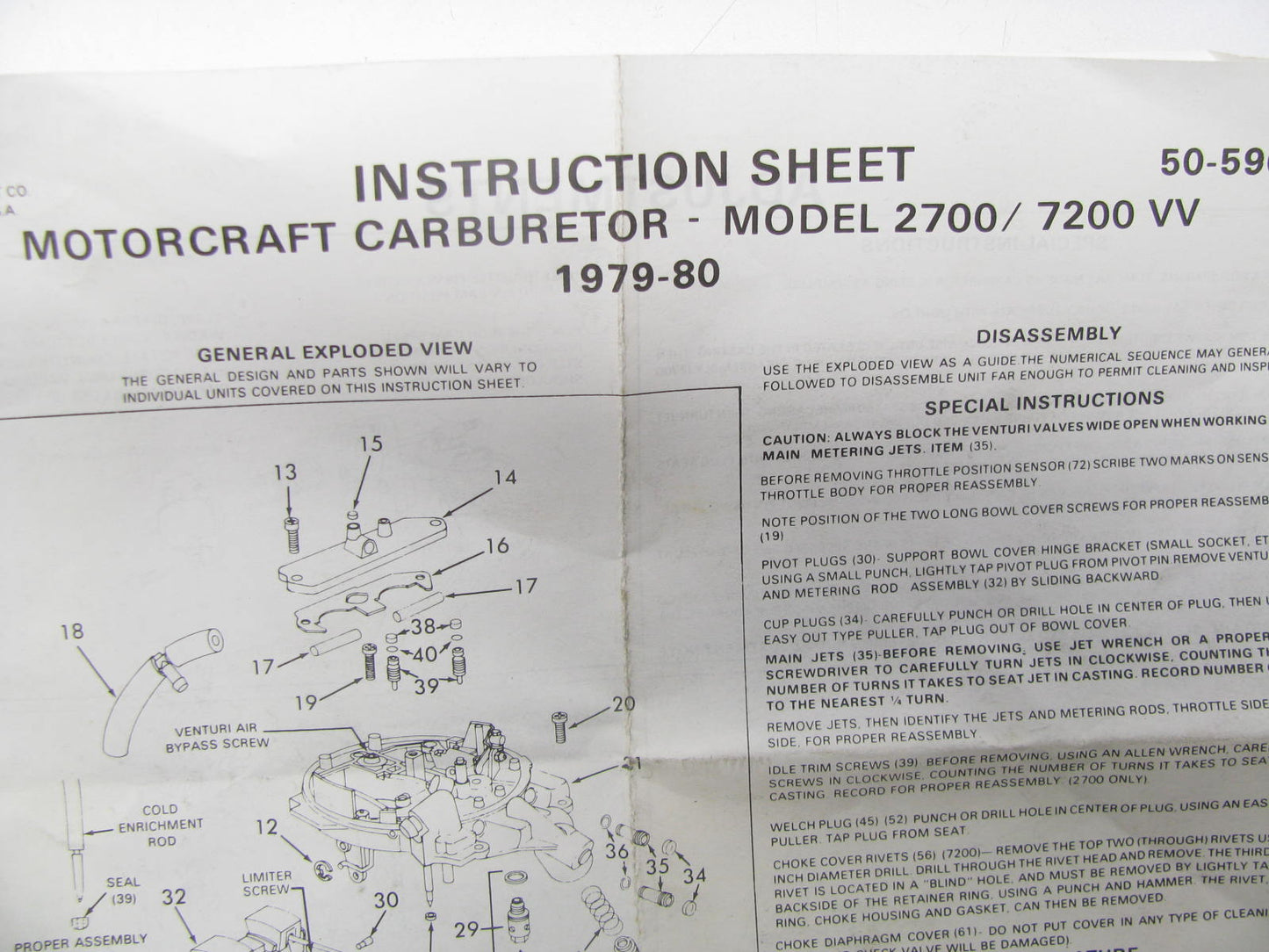 Motorcraft CT-1436 Carburetor Rebuild Kit 1979-1980 Ford 2-BBL 2700 7200 VV