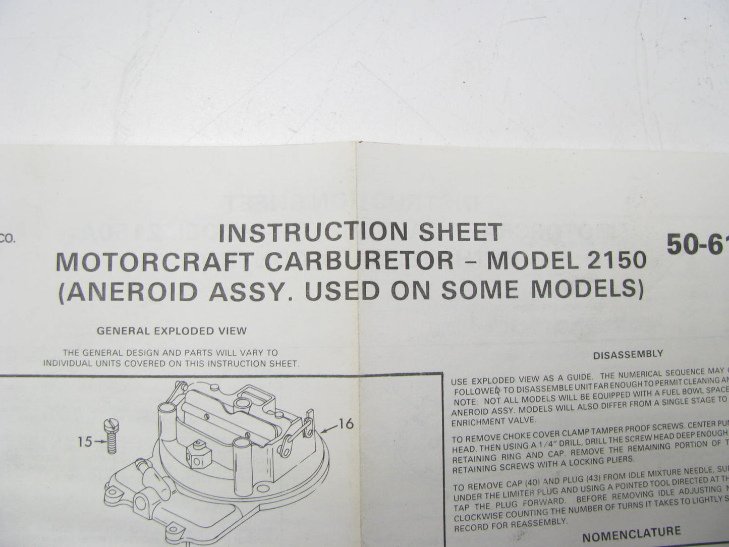 Motorcraft CT-1467 Carburetor Rebuild Kit for 1985 F-2 2150 E5TE-AAA/PA