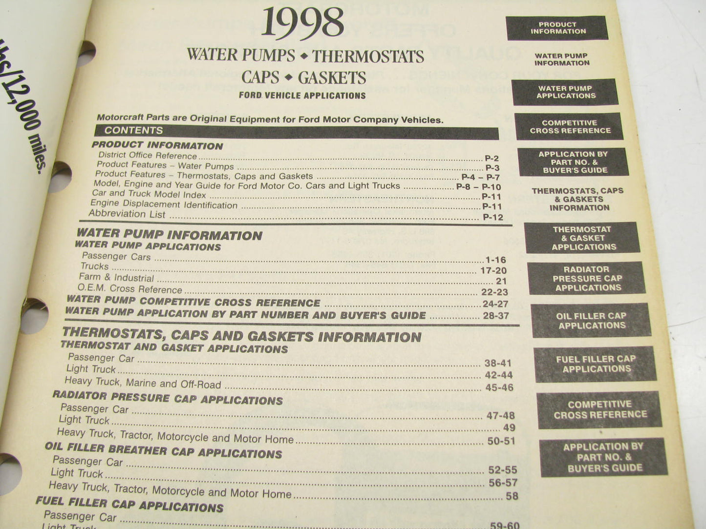 Motorcraft CW200C Water Pump Thermostats Caps Ford Apps Parts Catalog 1998