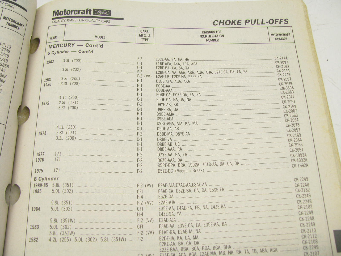 Motorcraft F200B Carburetor, Choke Pull-Offs & Tune Up Kits Catalog - August 91