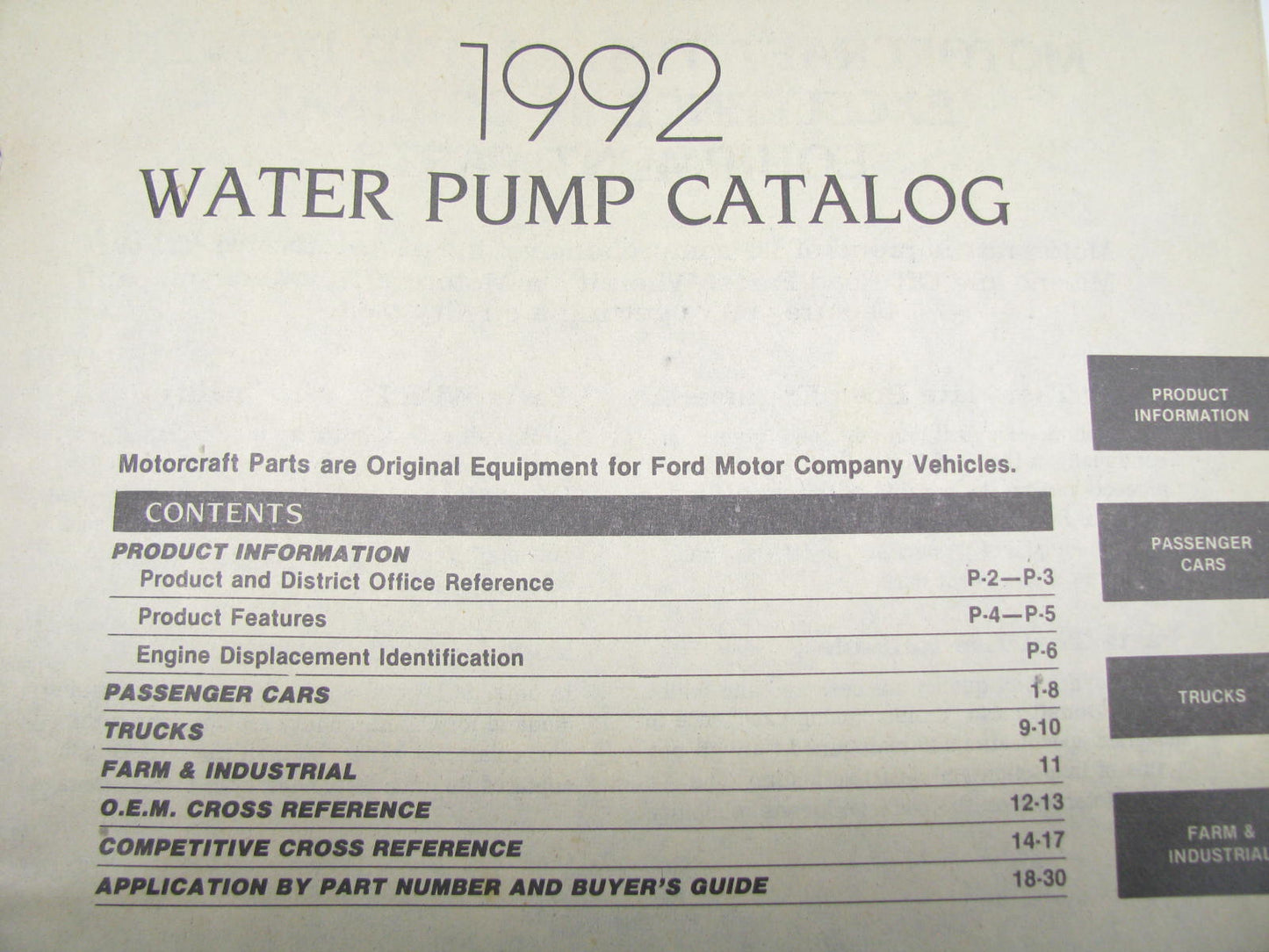 Motorcraft PW200L Water Pump Catalog - Domestic & Import - Jan. 1992, 30 Pages