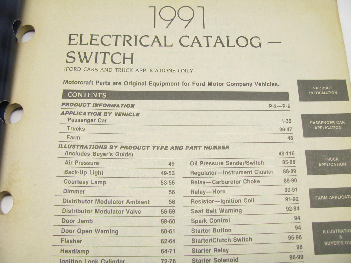 Motorcraft SP251 Electrical Switch Catalog Application Guide 1991