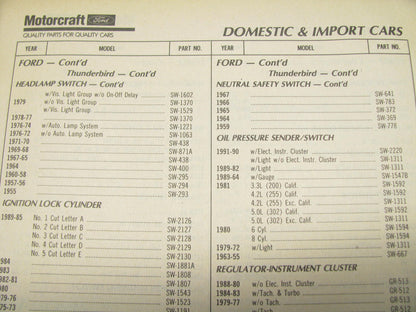 Motorcraft SP251 Electrical Switch Catalog Application Guide 1991