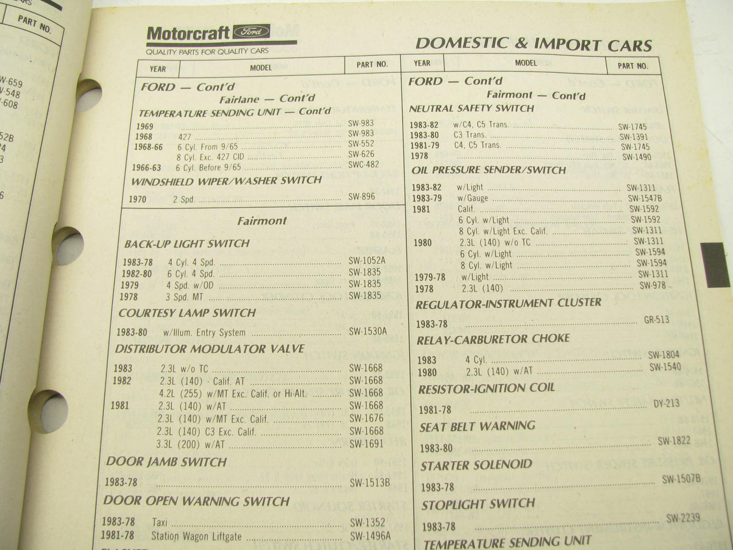 Motorcraft SP251A Electrical Switch Catalog - Ford Application Only 1992