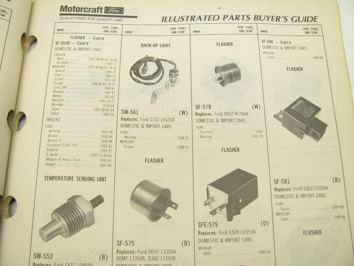 Motorcraft SP251A Electrical Switch Catalog - Ford Application Only 1992