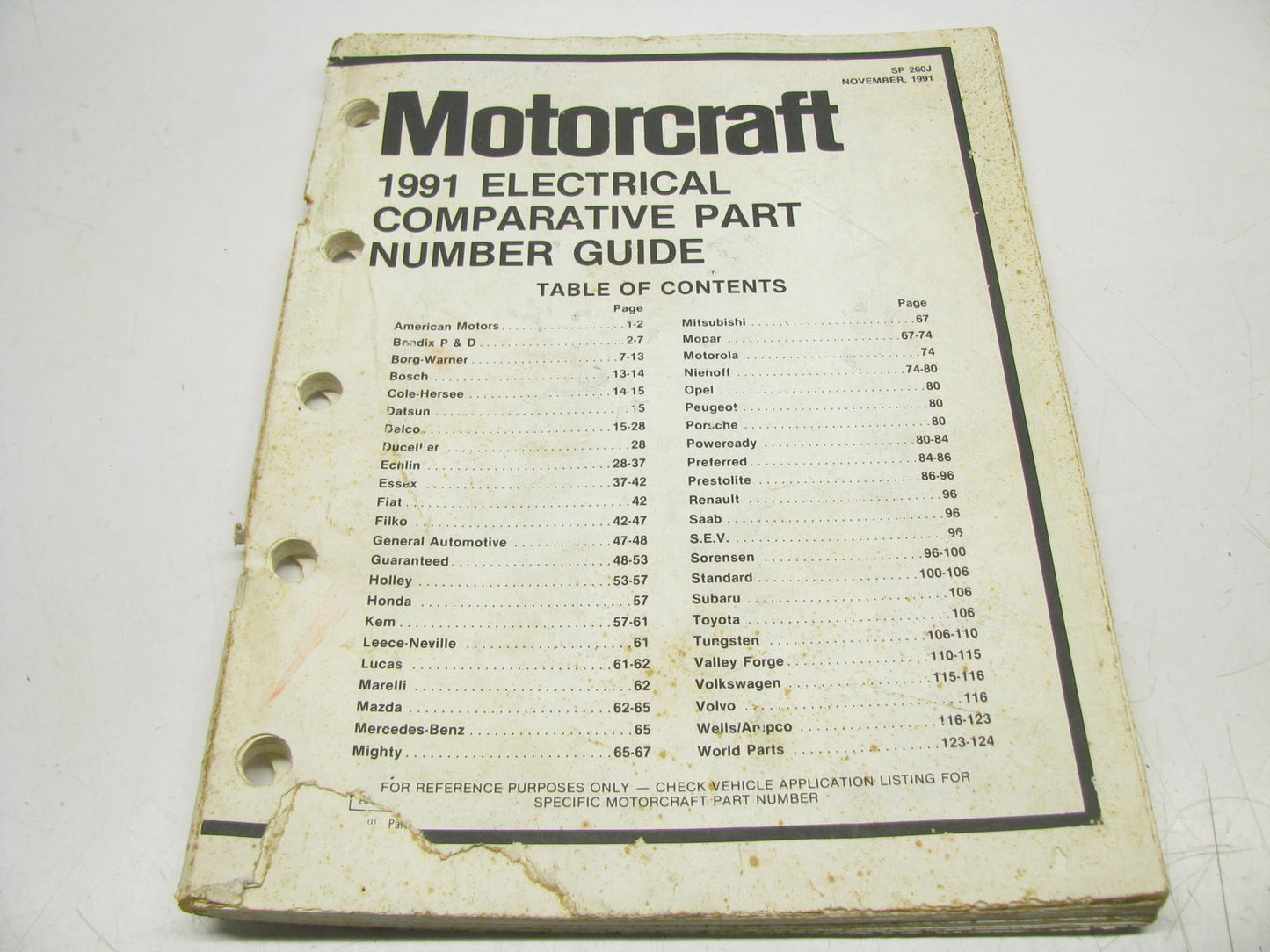 Motorcraft SP260J Electrical Comparative Part Number Guide - NOV 1991, 124 Pages