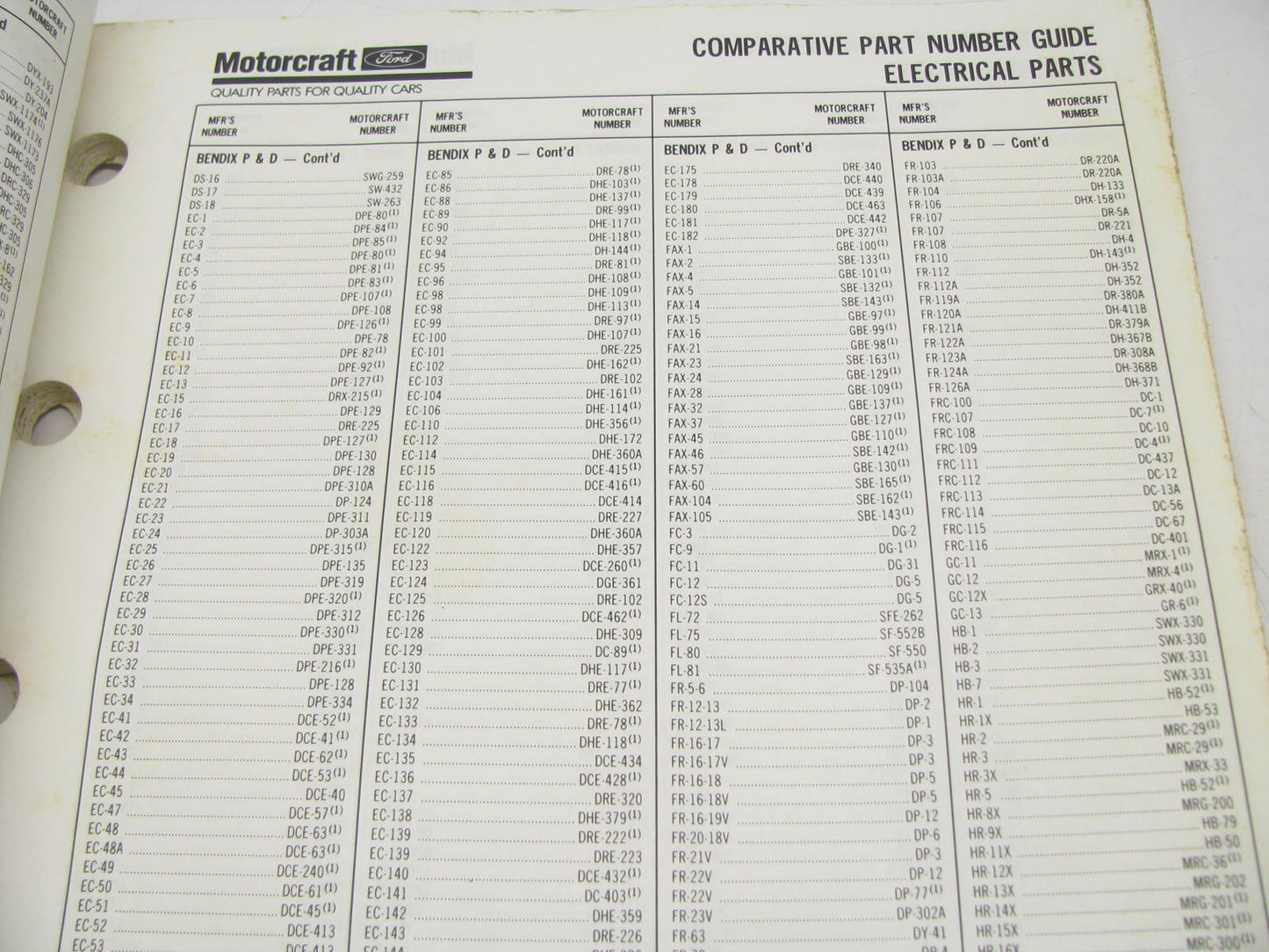 Motorcraft SP260J Electrical Comparative Part Number Guide - NOV 1991, 124 Pages