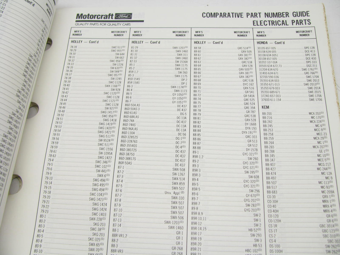 Motorcraft SP260J Electrical Comparative Part Number Guide - NOV 1991, 124 Pages