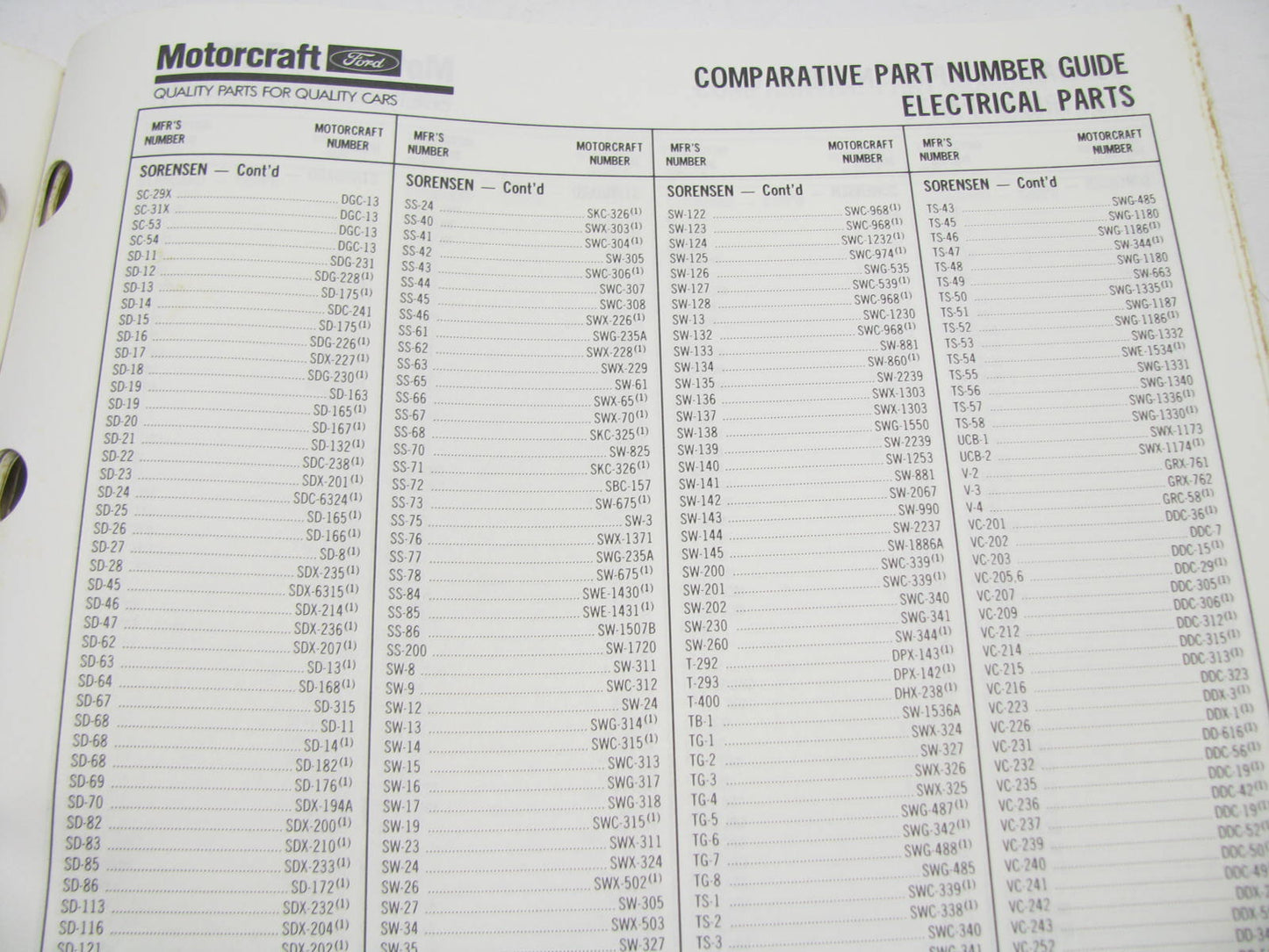 Motorcraft SP260J Electrical Comparative Part Number Guide - NOV 1991, 124 Pages