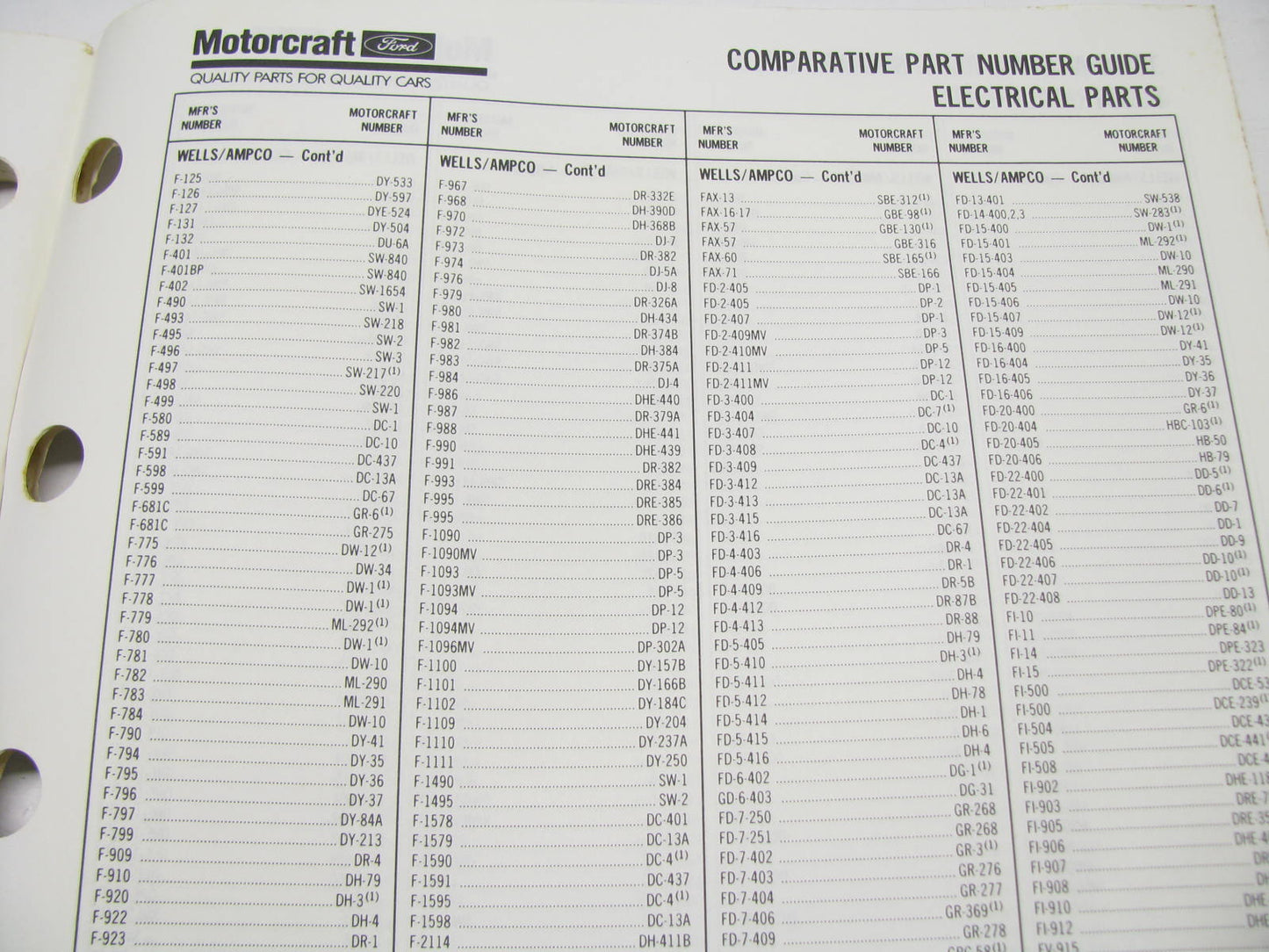 Motorcraft SP260J Electrical Comparative Part Number Guide - NOV 1991, 124 Pages