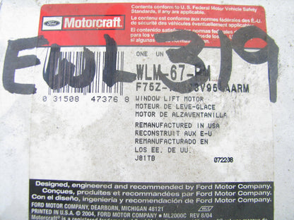 Reman Motorcraft WLM67RM Front Left Power Window Motor F75Z-78233V95-AARM