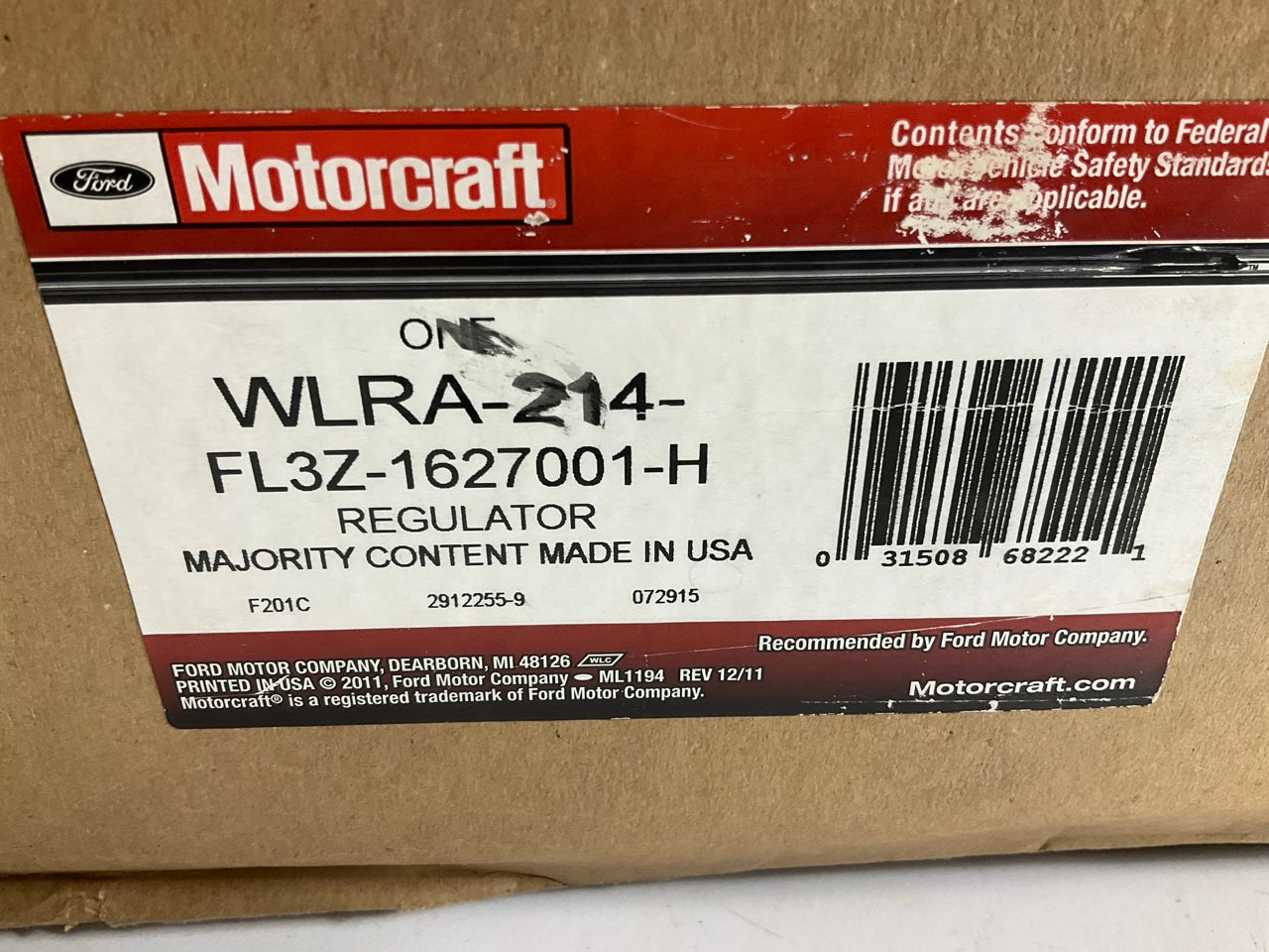 Motorcraft WLRA-214 Rear Left Power Window Regulator - FL3Z-1627001-H