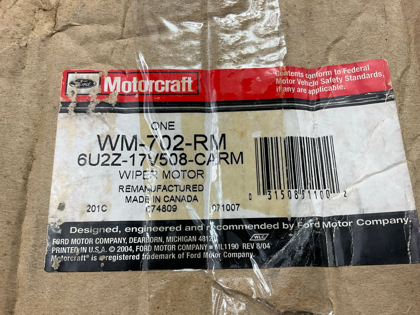 REMAN. Motorcraft WM-702-RM Windshield Wiper Motor 1990-1992 Thunderbird, Cougar