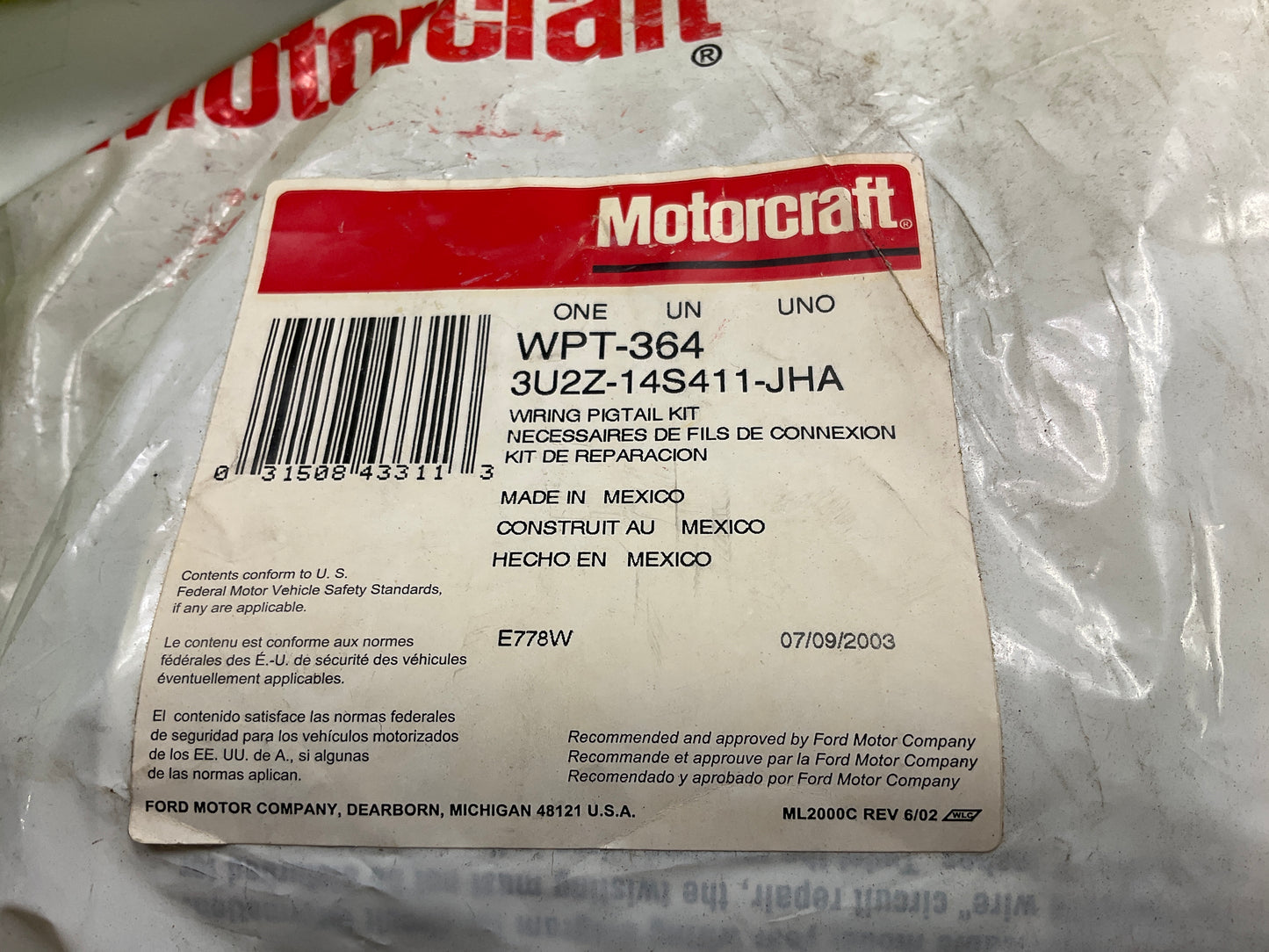 Motorcraft WPT-364 Power Seat Switch Lumbar Adjust Pigtail Wire Connector