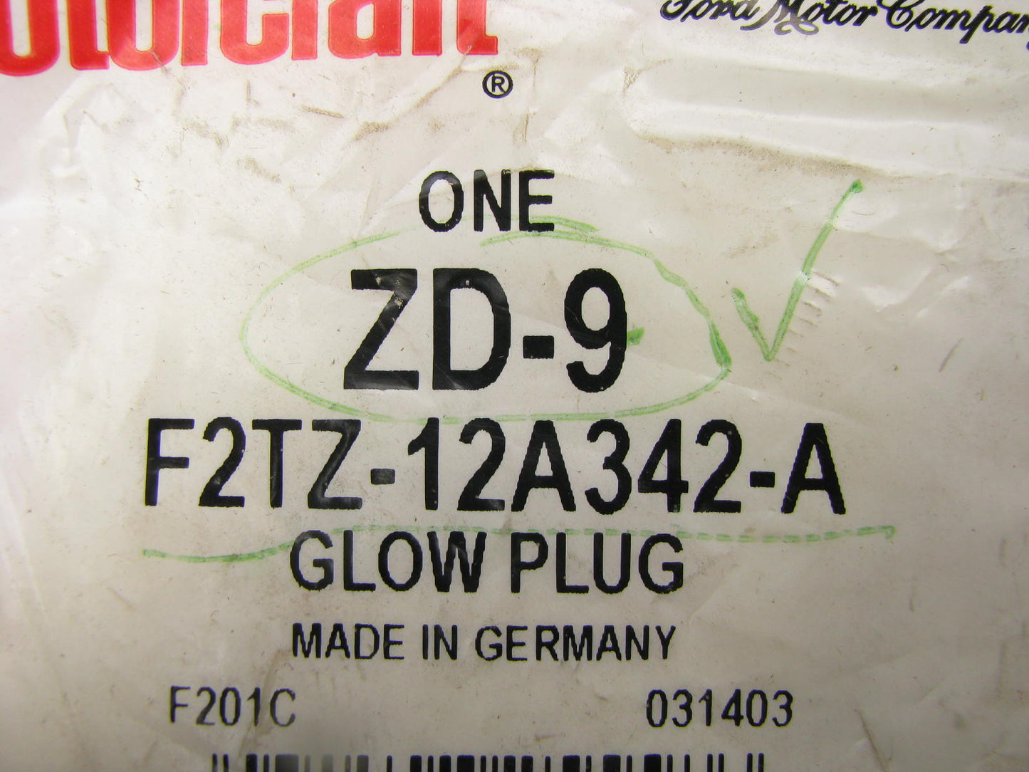 Motorcraft ZD9 Diesel Glow Plug OEM Ford F2TZ-12A342-A