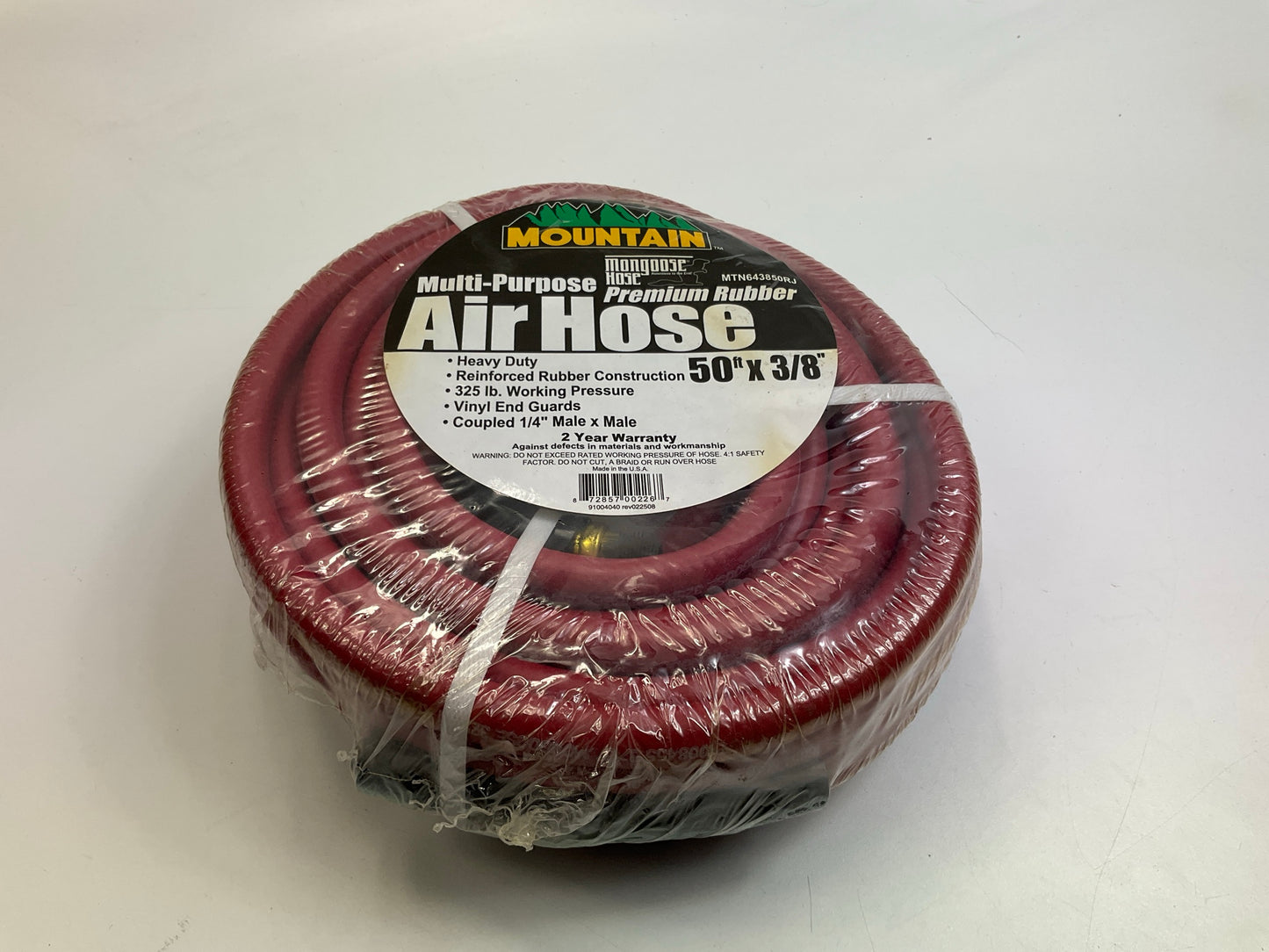 Mountain MTN643850RJ 50'x3/8'' Rubber Air Hose, 325 PSI, 50 Feet X 3/8'', USA
