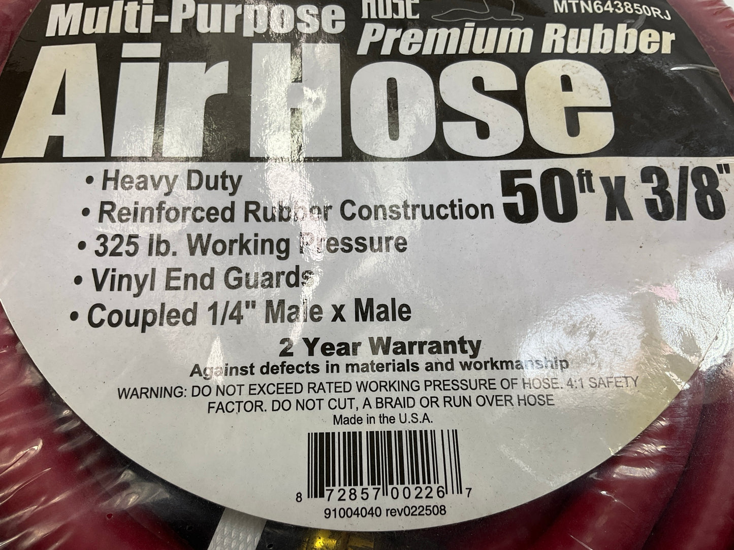 Mountain MTN643850RJ 50'x3/8'' Rubber Air Hose, 325 PSI, 50 Feet X 3/8'', USA