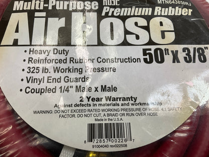 Mountain MTN643850RJ 50'x3/8'' Rubber Air Hose, 325 PSI, 50 Feet X 3/8'', USA