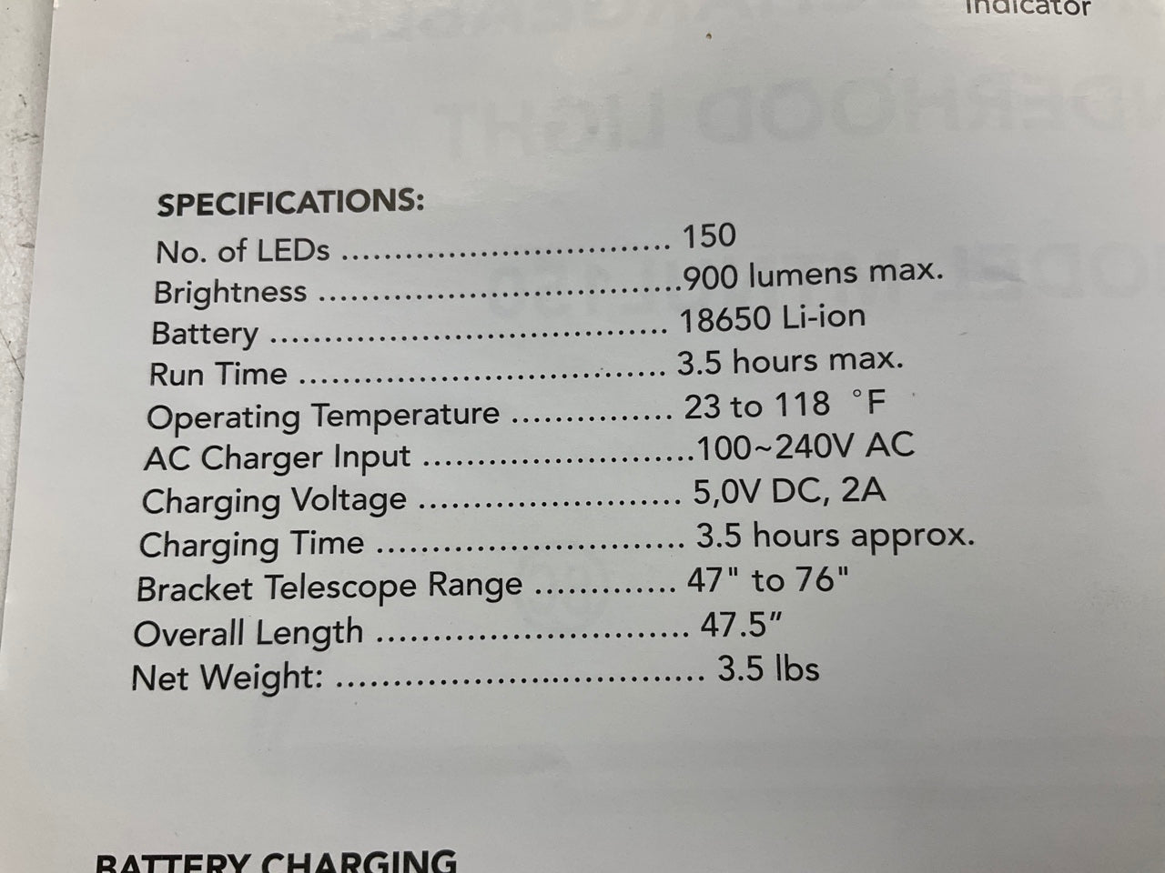 Mountain UL150 Cordless Under Hood Mechanics Work Light 900 Lumens Rechargeable