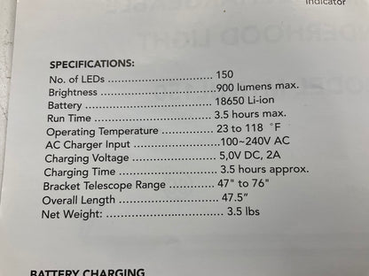 Mountain UL150 Cordless Under Hood Mechanics Work Light 900 Lumens Rechargeable
