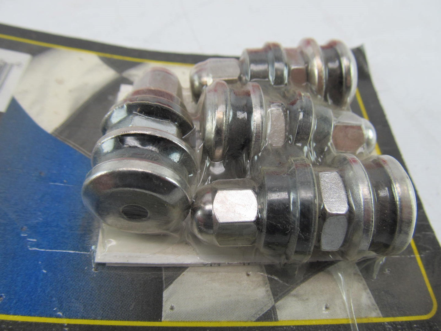 VINTAGE Mr Gasket # 1957 Chrome Bolt In Tire Valve Stems & Caps (4 Valve Stems)