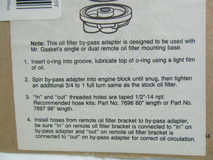 Mr Gasket 7679 Oil Filter Bypass Metric Adapter Plate, 20mm X 1.5 Thread Size