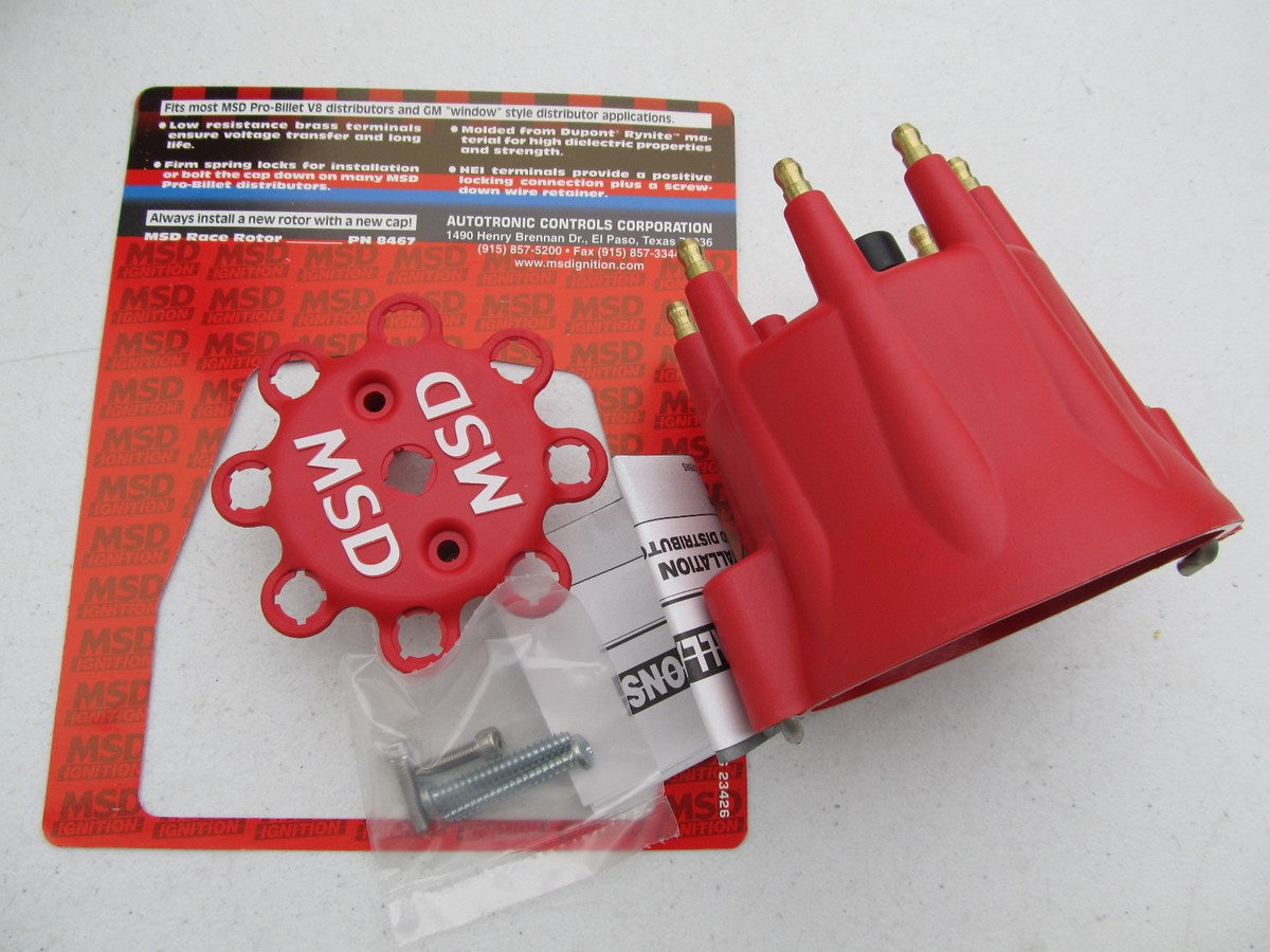 MSD 8433 Red, V8 Distributor Cap With HEI Terminals And Spark Plug Wire Retainer