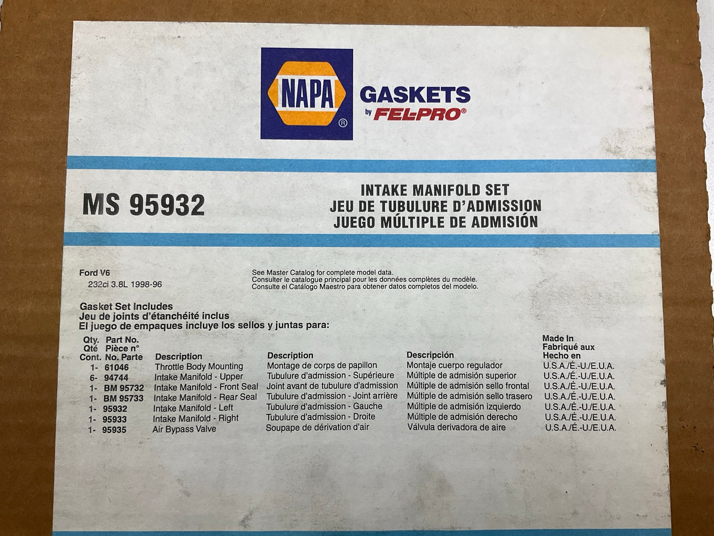 Napa MS95932 Intake Manifold Gasket Set - 1996-1998 Ford Windstar 3.8L V6