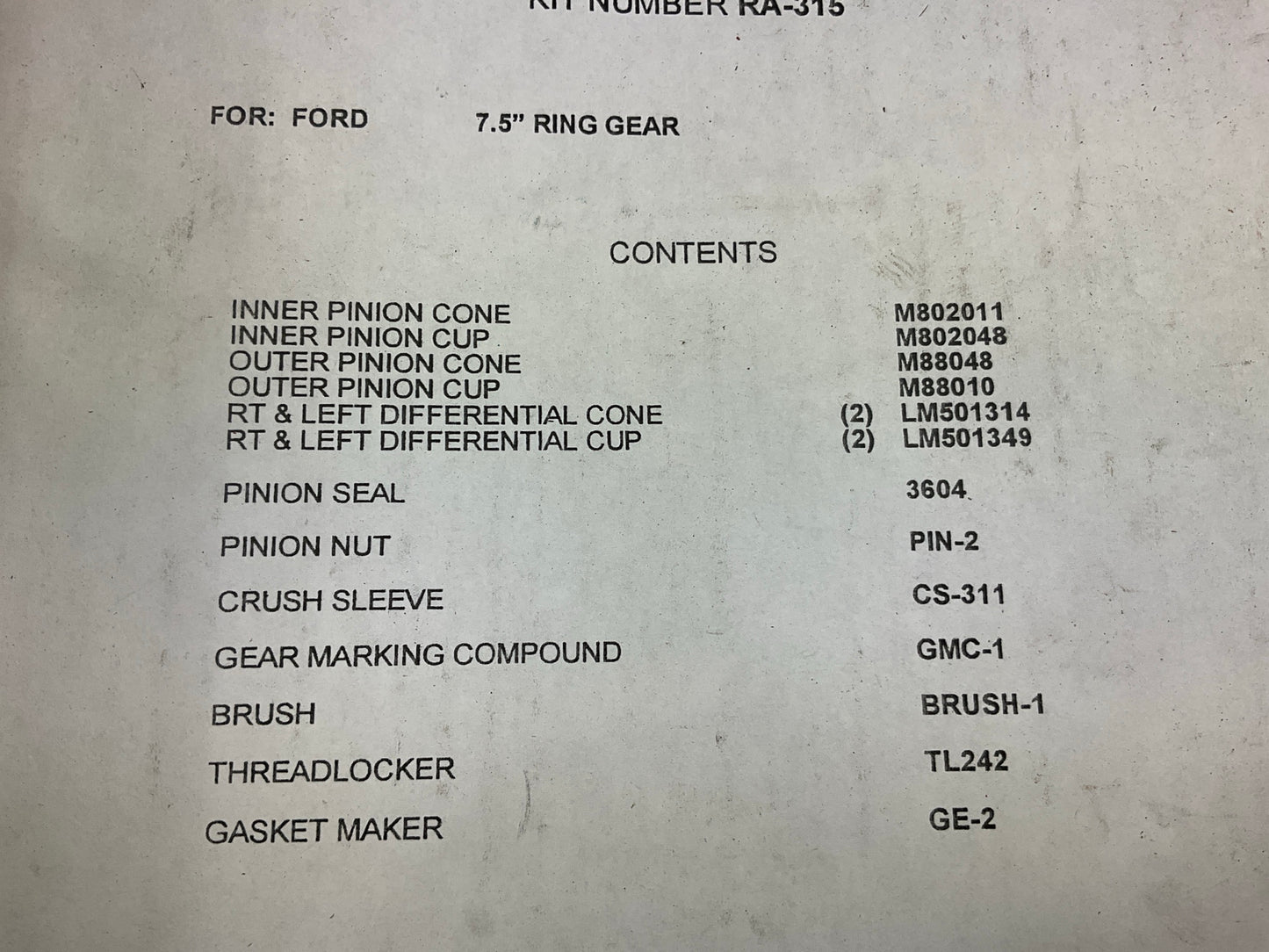 National RA-315 Axle Differential Bearing And Seal Kit