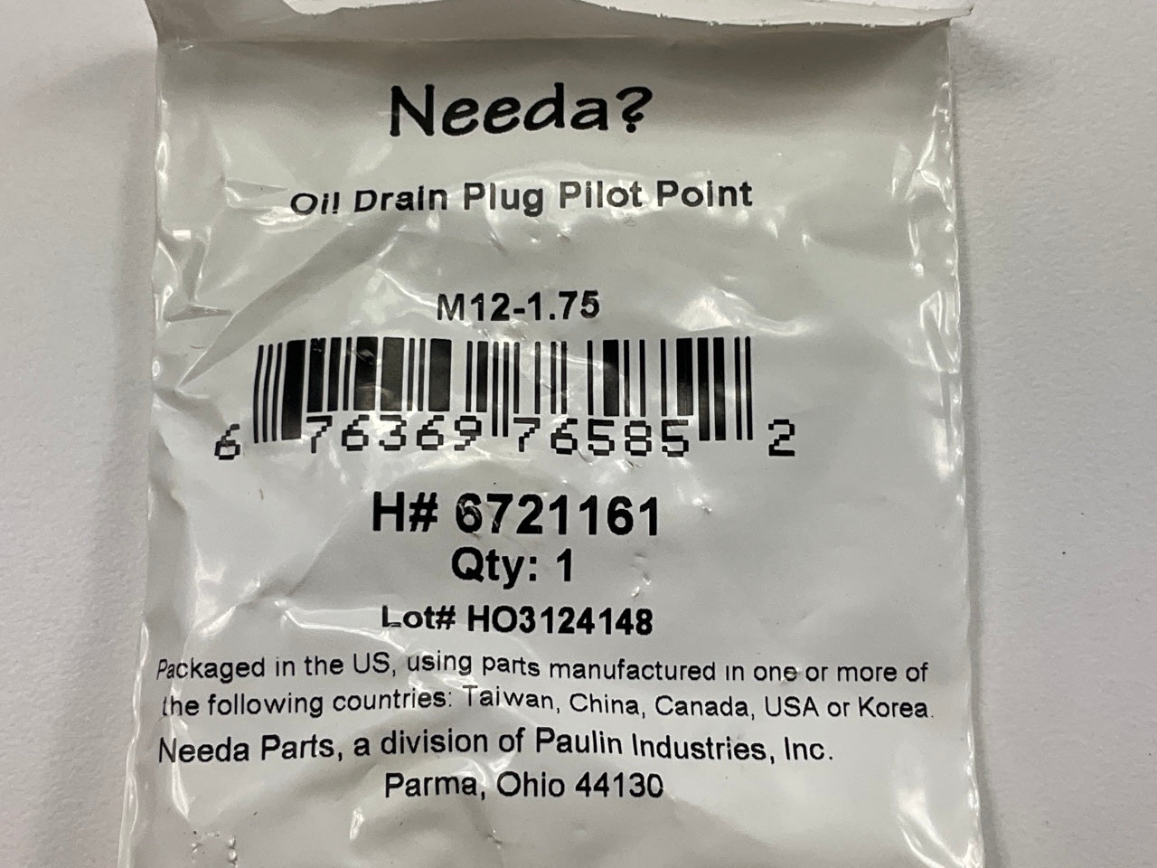 Needa 6721161 M12-1.75 Oil Drain Plug, Pilot Point