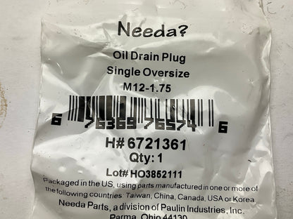 Needa 6721361 Engine Oil Drain Plug -  M12-1.75 SINGLE OVERSIZE