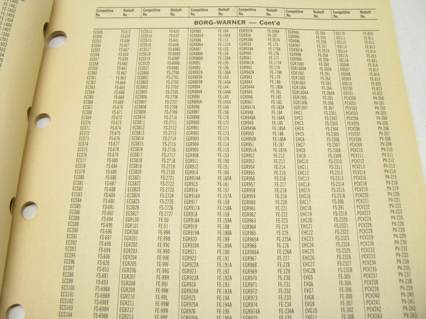 Niehoff 1405 Fuel System Emission Control Catalog Interchange - 1992, 65 Pages