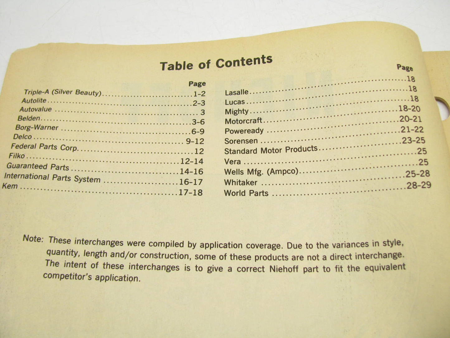 USED Catalog - Niehoff 1607-N Ignition Wire & Cable Interchange 1989 - 29 Pages