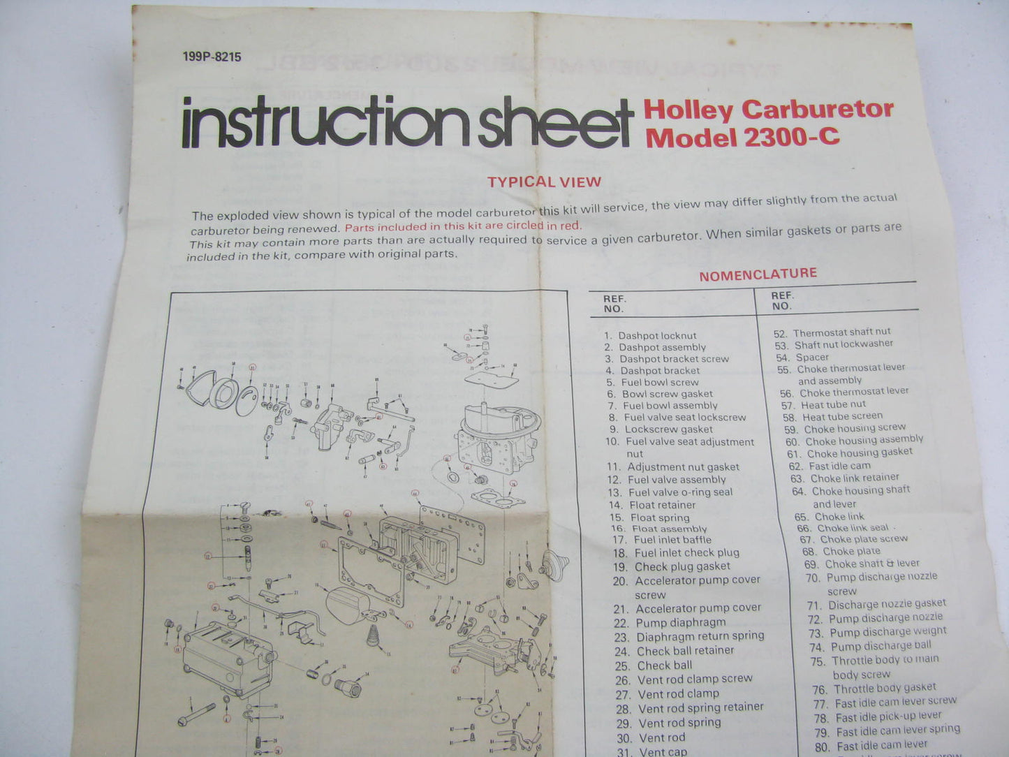 Niehoff CK-458 Carburetor Rebuild Kit 1969-72 Mopar For Holley 2-BBL Model 2300C